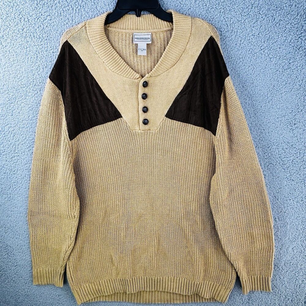 Boulder Creek Sweater Mens 2XL Big Tan Mustard Cable Knit Microfiber Elbow Patch